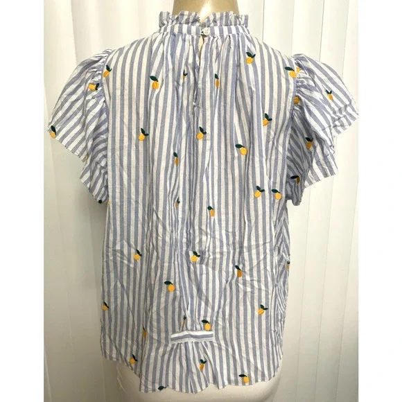 Trovata Birds of Paradis Carla Blouse Top Blue Stripe Short Sleeve Meyer Lemon S - Picture 3 of 10